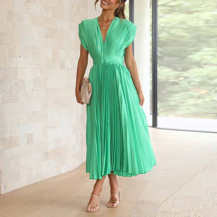 Poshy™ | Pleated V-Neck Midi Dress