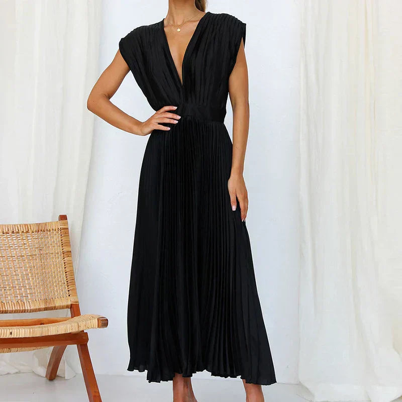 Poshy™ | Pleated V-Neck Midi Dress