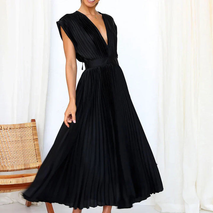 Poshy™ | Pleated V-Neck Midi Dress