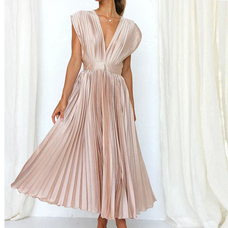 Poshy™ | Pleated V-Neck Midi Dress