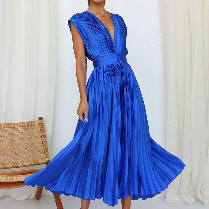 Poshy™ | Pleated V-Neck Midi Dress