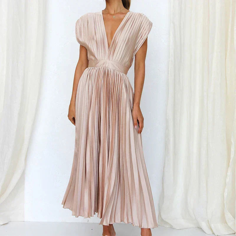 Poshy™ | Pleated V-Neck Midi Dress