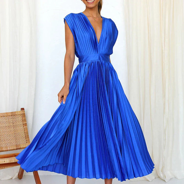 Poshy™ | Pleated V-Neck Midi Dress