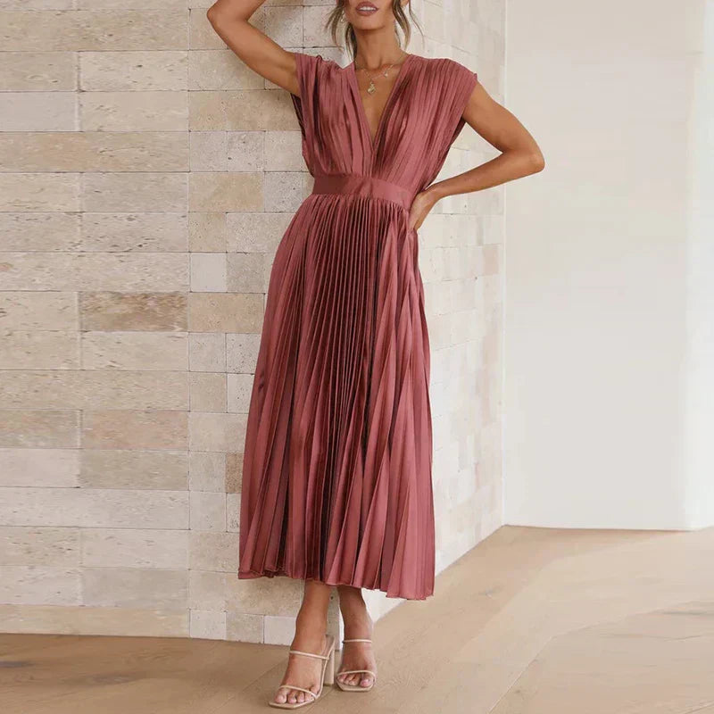 Poshy™ | Pleated V-Neck Midi Dress