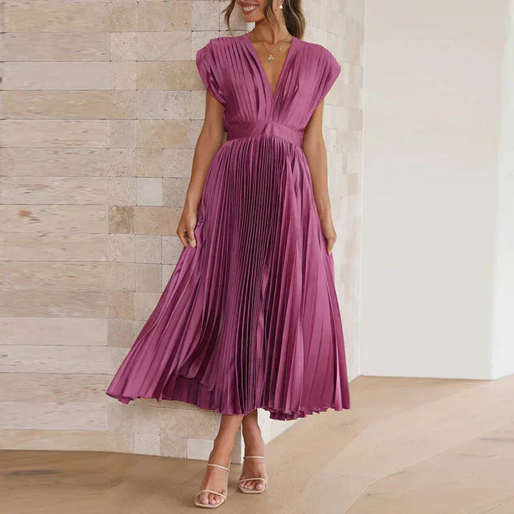 Poshy™ | Pleated V-Neck Midi Dress