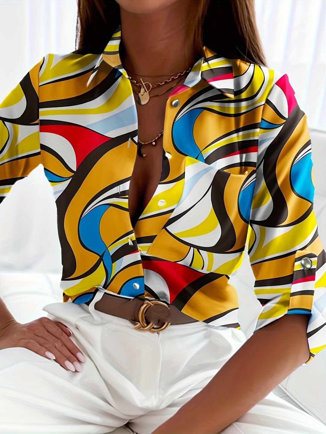 Eva™ | Long Sleeve V-Neck Printed Blouse