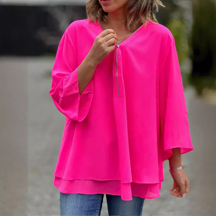 Dina™ - Chiffon Zipper Top with V-Neck