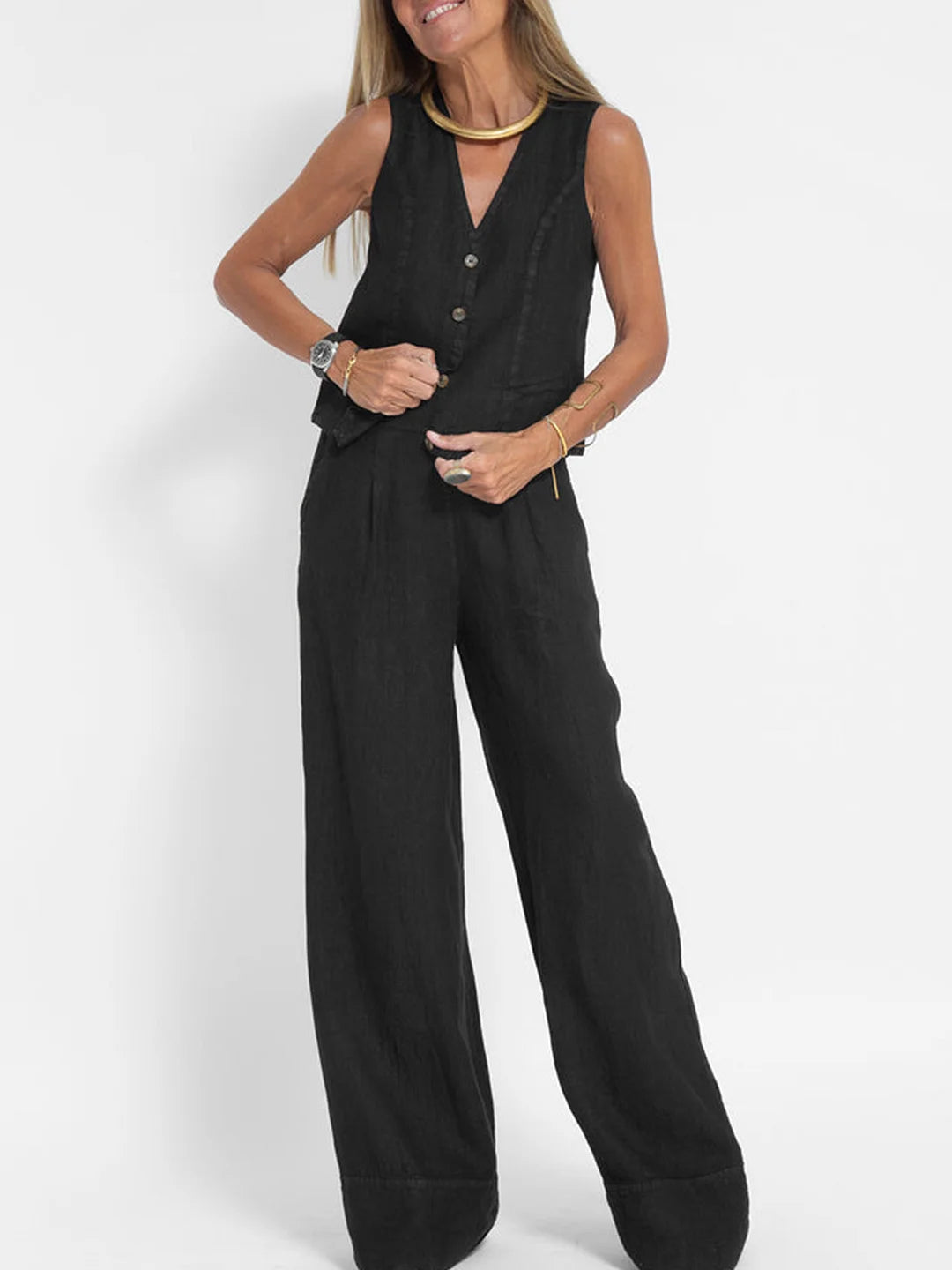 Demi™ | Buttoned Vest & Wide-Leg Trousers Set