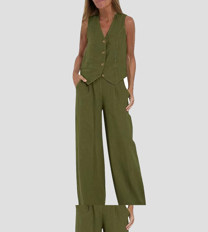 Demi™ | Buttoned Vest & Wide-Leg Trousers Set