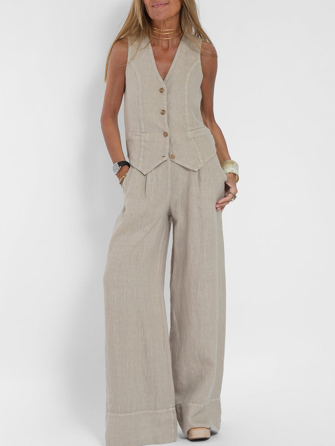 Demi™ | Buttoned Vest & Wide-Leg Trousers Set