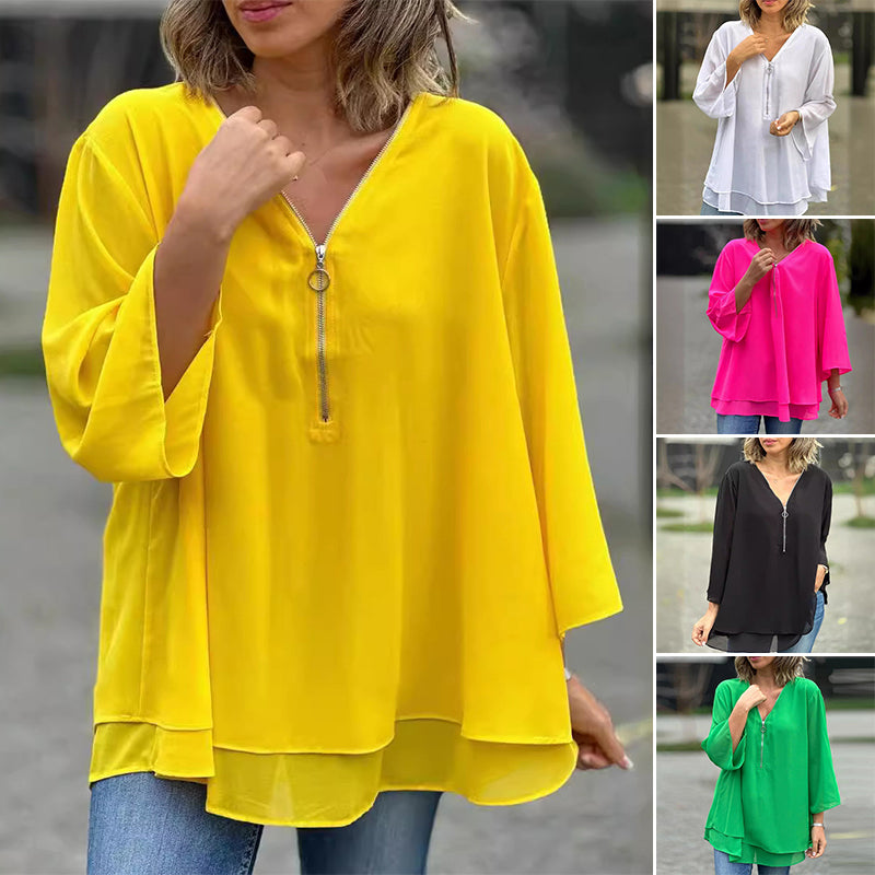 Dina™ - Chiffon Zipper Top with V-Neck