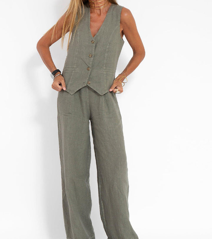 Demi™ | Buttoned Vest & Wide-Leg Trousers Set