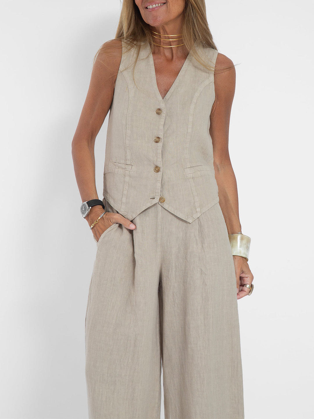 Demi™ | Buttoned Vest & Wide-Leg Trousers Set