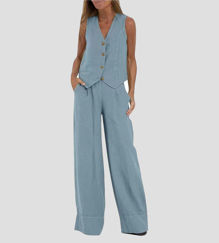 Demi™ | Buttoned Vest & Wide-Leg Trousers Set