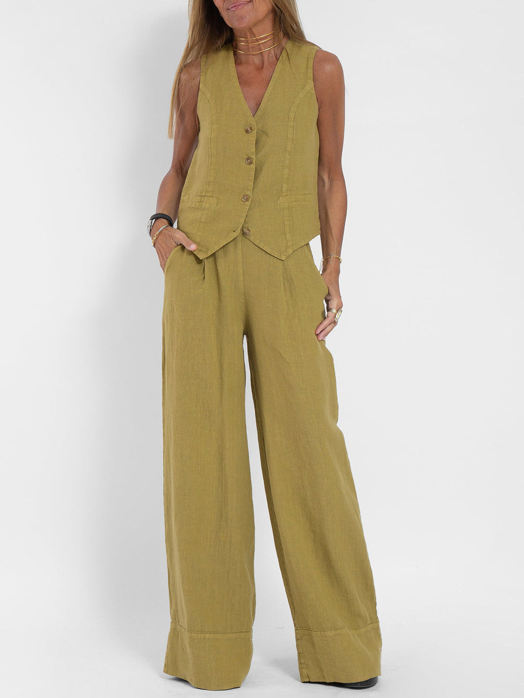 Demi™ | Buttoned Vest & Wide-Leg Trousers Set